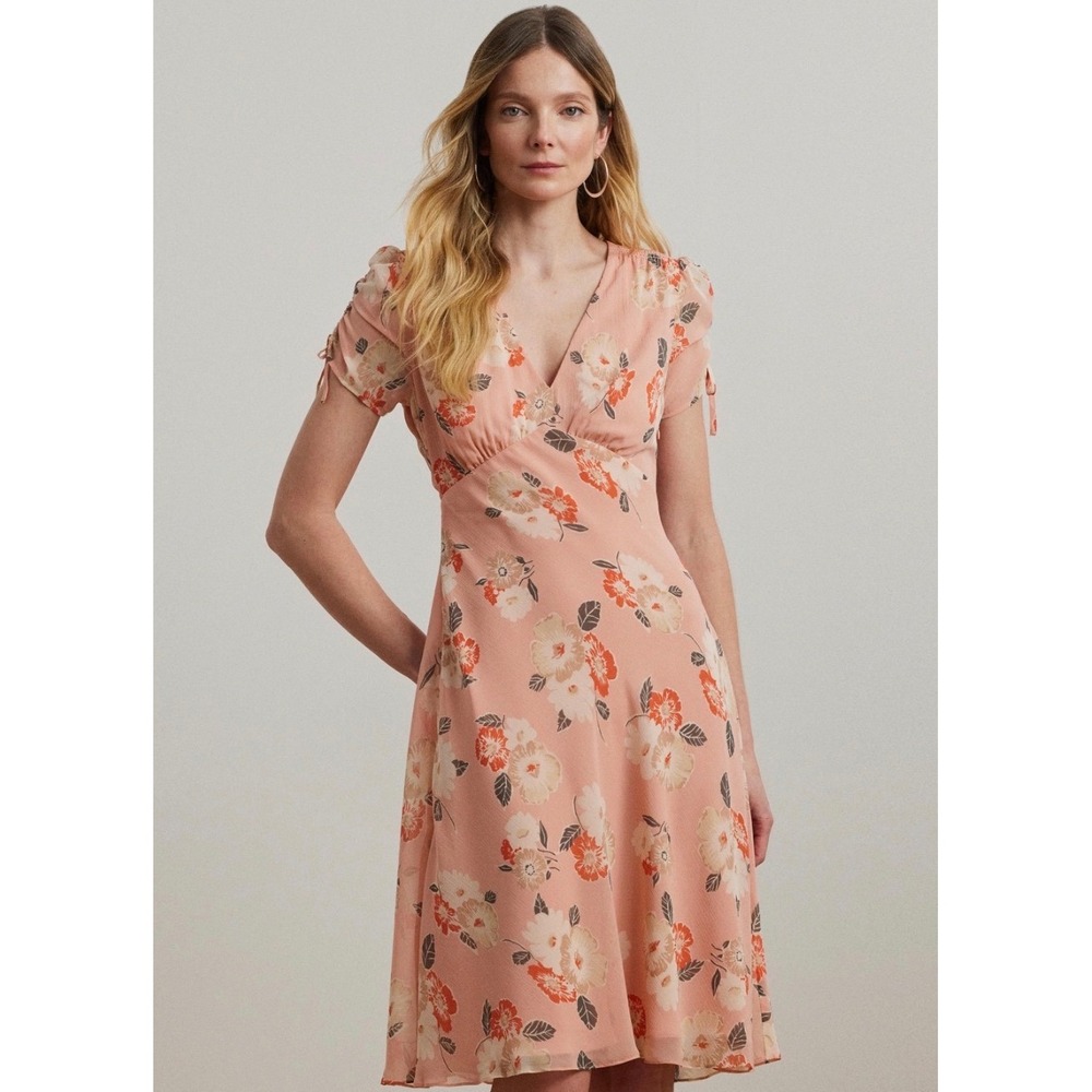 Lauren Ralph Lauren Pink Floral Georgette V-Neck Dress Size 14 NWT 250963714001